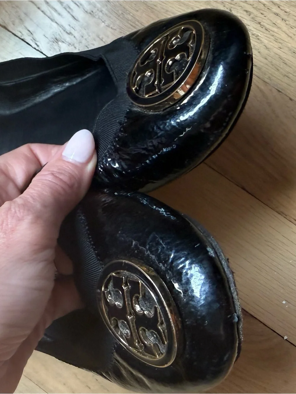 Tory Burch Black Patent Logo Round-Toe Flats